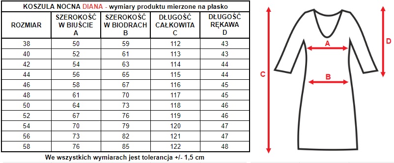 Wymiary produktu koszula nocna Diana